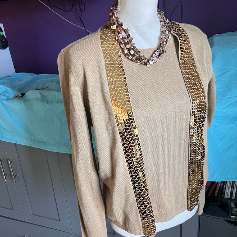 Gold Sequin Embellished Tan Sweater (1 piece)